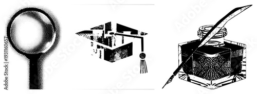 Vintage educational magnifying glass for detail, graduation cap for achievement, inkwell with quill for scholarly writing. Academic tools rendered in halftone style.