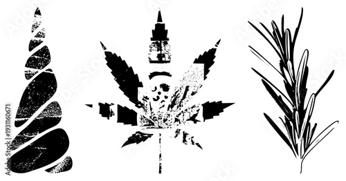 Graphic vector set featuring spiral, leaf, and rosemary sprig in halftone and styles. Herbal motifs with textured and sharp silhouettes for design use.