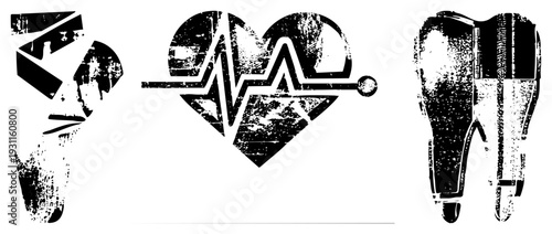 Grungy black for health, heart rate, and tooth, used in healthcare, dentistry, or medical apps, stylized with distressed texture.