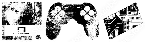 Vector illustration of gaming controller, motherboard, and abstract digital, halftone style, tech nostalgia, pixel art, isolated elements.