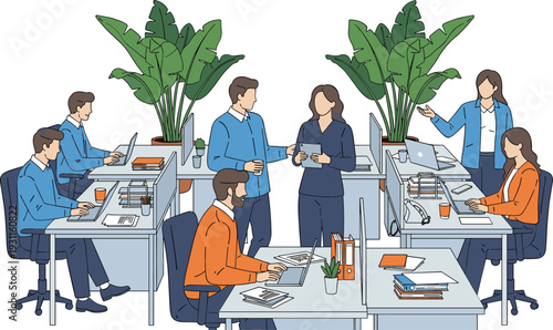 Flat vector illustration of a modern open office coworking space with diverse professional employees working at desks with laptops and discussing projects.