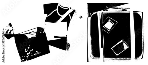 Stylized fragmented forms, graphic art, bold silhouettes, composition, textured vector design, modern abstract art, isolated shapes.