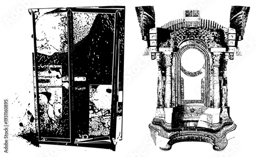 Gothic style stone altar with columns and arch, ancient tombstone with engraved, religious monument, cemetery artifact, black and white halftone engraving.