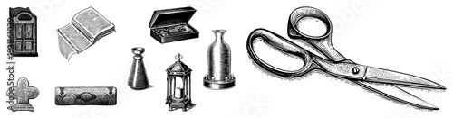 Classic engraved set including book, scissors, lantern, perfume bottle, jewelry box, gravestone, and decorative items, detailed art, illustration.