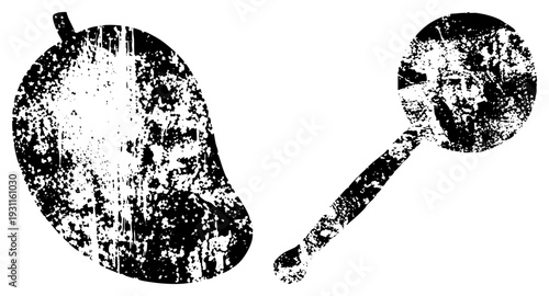 Distressed pear fruit and baby rattle in high contrast, textured vector art, toy and produce, vintage graphic style.