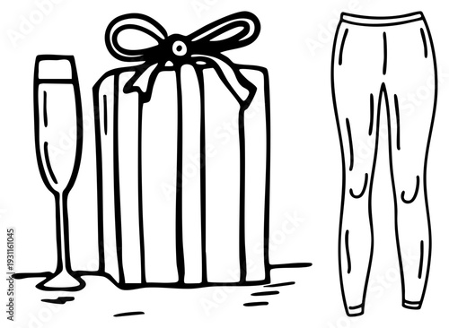 Hand drawn of celebratory items wrapped present, bubbly glass, cozy pants. Minimalist vector doodle for festive or loungewear themes.