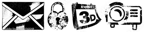 Distressed black and white vector envelope, padlock, 3D event banner, magnifying glass. Urban, gritty aesthetic for digital interfaces or apps.