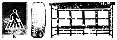 Pedestrian symbol, tire tread, bus stop shelter, urban transport, black and white vector graphics, gritty texture, street safety elements.