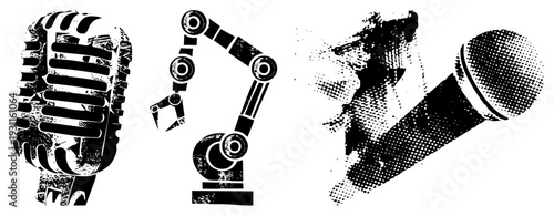 Retro microphone grille, robotic arm with joints, modern mic with halftone, vector, tech and symbols.
