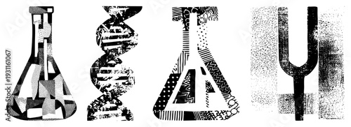 Lab flask, DNA helix, test tube, tuning fork stylized science with halftone fills, geometric, and abstract textures. Ideal for bio, chemistry, or physics branding.