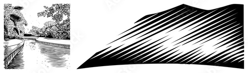 Woodcut style river scene with leafy trees, rippling water, and curving embankment, rendered in high contrast halftone.