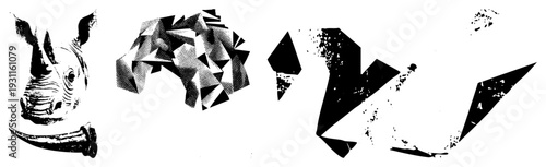 Stylized rhino head in halftone, abstract geometric, graphic design, vector art, black and white, fragmented shapes, isolated illustration.