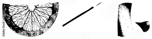 Vector halftone citrus slice, grapefruit section, stylized fruit segments, abstract black and white forms, graphic design elements, isolated food illustration.