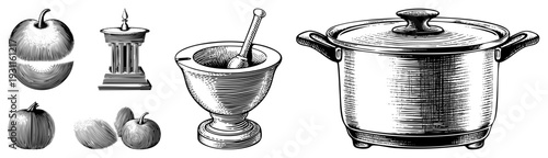 Traditional mortar and pestle, covered cooking pot, and stylized pumpkins rendered in detailed halftone art, ideal for retro culinary design or print.