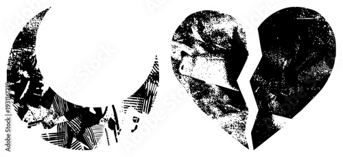 Split heart symbolizing separation, moon with distressed texture, vector art, emotional, graphic design element, romantic symbolism.