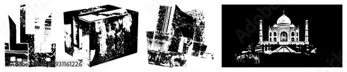 Black and white halftone vector illustration of fragmented cubes and Taj Mahal, isolated shapes, graphic design elements, minimalist architecture, geometric abstraction.