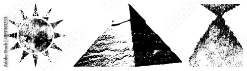 Weathered sunburst symbol, ancient silhouette, hourglass sand motif, distressed vector art, vintage graphic elements, set.