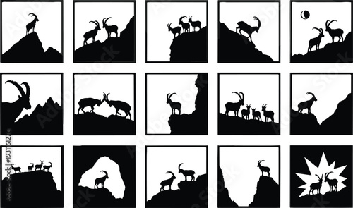 Mountain Goat and Ibex Silhouette Set on Rocky Cliffs, Alpine Wildlife Black and White Vector Illustration Collection