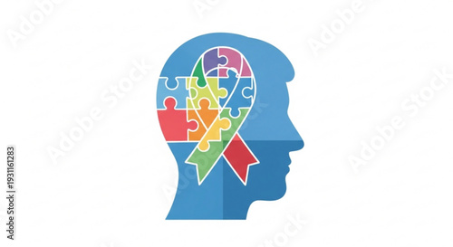 Brain with puzzle pieces and awareness ribbon in head symbolizing mental health wellness and self awareness with colorful jigsaw puzzle elements