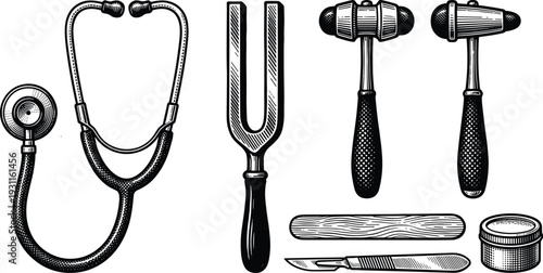 Vintage Medical Instruments Illustration, Stethoscope, Reflex Hammer, Tuning Fork and Scalpel Engraving Style Healthcare Equipment Vector Collection