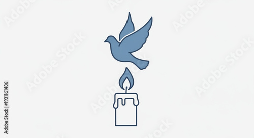 A blue dove flies upwards from a lit candle flame on white background symbolizing peace and serenity in a simple elegant design