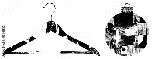 Graphic hanger and ornament rendered in halftone style, vector silhouette, fashion accessory and holiday decor, isolated design elements.
