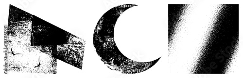 Three stylized black shapes with halftone dot angled plane, moon, and gradient blur. Vector art with textured surfaces, isolated foreground elements, graphic design assets.