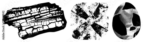 Three stylized vector graphics with halftone, cracked texture, and radial,, isolated design assets, graphic elements for digital art.