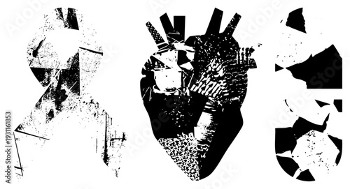 Abstract broken heart and ribbon forms in black and white, glitch style vector graphics, digital art pieces, distressed typography inspired shapes, emotional symbolism motifs.