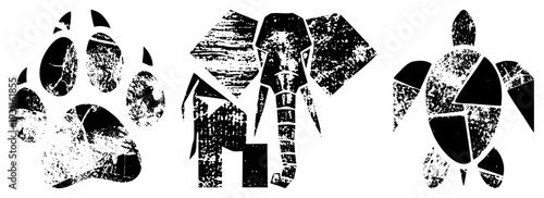 Abstract animal cutouts elephant, turtle, paw print rendered as broken geometric shapes with textured grain, ideal for graphic design or tattoos. Also called animal glyphs or stencil art.