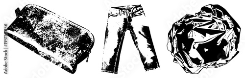 Graphic vector illustration of a textured wallet, denim jeans, and crumpled fabric, rendered in halftone style with bold and high contrast. Includes fashion accessories and textile.