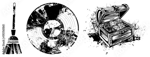 Grungy vector broom with worn bristles, vinyl record with cracked grooves, open treasure chest filled with polyhedral dice. RPG and retro gaming assets.