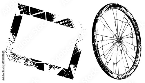 Broken laptop screen and cracked bicycle wheel, distressed vector art, digital destruction, urban decay aesthetic, black and white graphic.