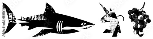 Black and white vector shark with striped, unicorn with halftone and geometric shapes, grape cluster with dotted texture. Flat design with artistic grain effects.