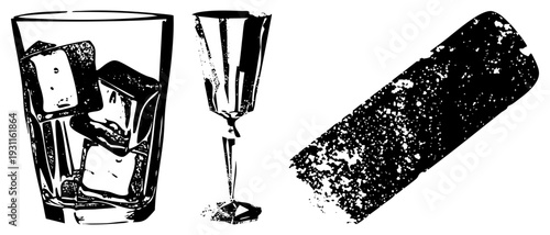 Classic cocktail glasses with ice cubes, vintage barware, retro drink vessels, bar, stylized beverage containers, bar design elements, drink illustration.