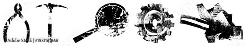 Worn pliers, pickaxe, magnifying glass, gear wheel, and broken head gritty vector, industrial grit, mechanical wear, toolset symbols, distressed.