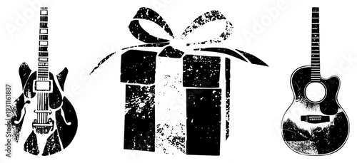 Electric guitar, acoustic guitar, gift box with bow, stencil style,, music gift, vintage silhouette, vector art, music present.