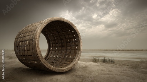 Collapsed bamboo basket abandoned on dusty beach under overcast sky