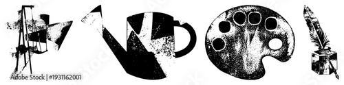 Graphic symbols of artist supplies easel, watering can, paint palette, quill pen, halftone style, creative tools, studio.