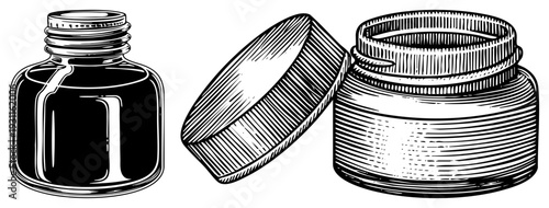 Ink bottle and jar with lids, vintage writing tools, calligraphy supplies, artistic stationery, black and white illustration, hand drawn vector.