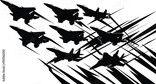 Military fighter jet silhouettes formation, combat aircraft flying isolated on white background for aviation defense and air force design