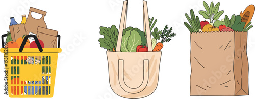 Set of three grocery shopping containers including a yellow plastic basket a fabric tote bag and a brown paper bag filled with fresh produce vector illustration.