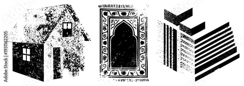 Stylized halftone vector art featuring a house, mosque mihrab, and isometric book stack, textured, graphic design elements for or educational use.