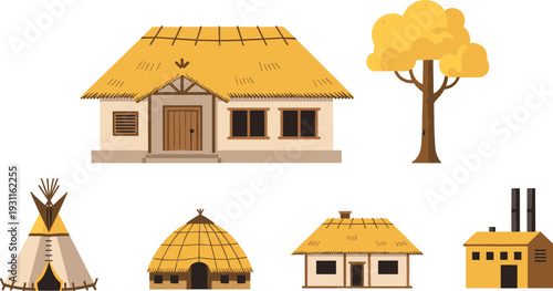 Set of traditional rural house vector illustrations including straw roof cottages teepee hut and small industrial factory building isolated on white background.