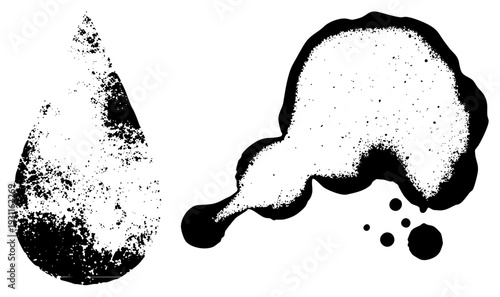 Black ink drop and irregular splatter with speckled halftone effect, graphic design element, vector illustration, artistic texture, printmaking motif, ink blot, art.