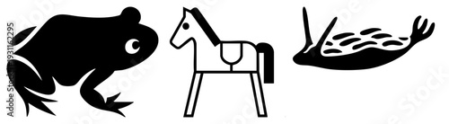 Minimalist black silhouette frog, wooden toy horse, stylized sea creature, flat vector, isolated design elements, simple art.