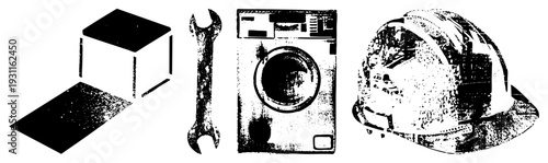 Flat vector of furniture, tool, appliance, and safety gear in halftone texture minimalist design for UI, manuals, or safety guides.