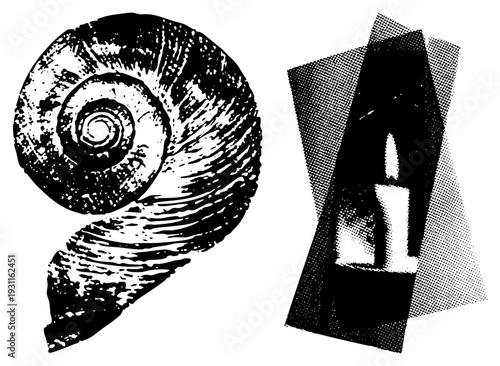 Vintage halftone illustration, stylized bottle graphic, vector art, textured spiral, abstract geometric bottle, retro print design, black and white.