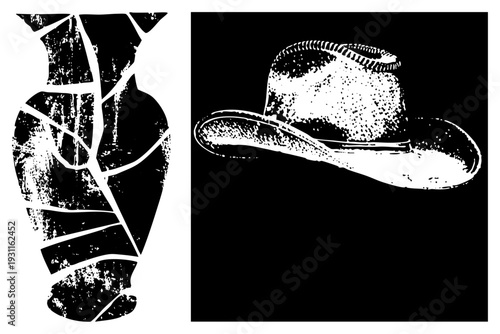 Vintage broken vase with crack, western cowboy hat with brim, halftone graphic, isolated vector art, rustic design elements.