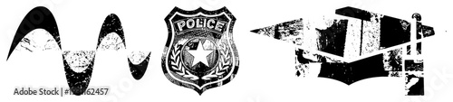 Distressed police badge with star emblem, weathered graduation cap, abstract wavy forms all in gritty, isolated vector graphics for urban or rebellious design contexts.